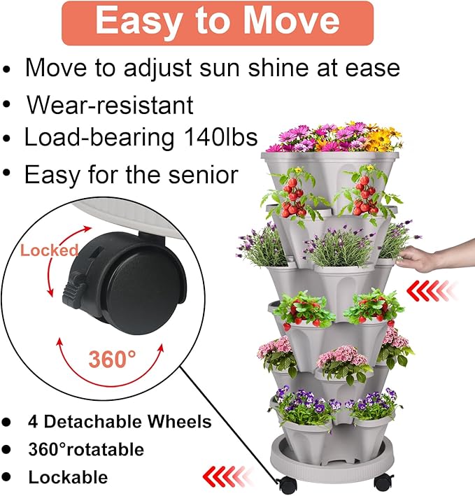 Vertical Planter 6 Tier Stackable Planters Garden Planters Strawberry Herb Flower and Vegetable Planter Indoor Outdoor Gardening Pots with Removable Wheels and Tools-Ruum Studio Home