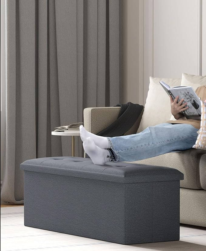 Storage Ottoman Bench, Folding Ottoman Foot Rest, 15 x 43 x 15 Inches, End of Bed Bench, Storage Chest, for Living Room, Bedroom, Hallway, Entryway, Holds up to 700 lb,Dark Gray-Ruum Studio Home