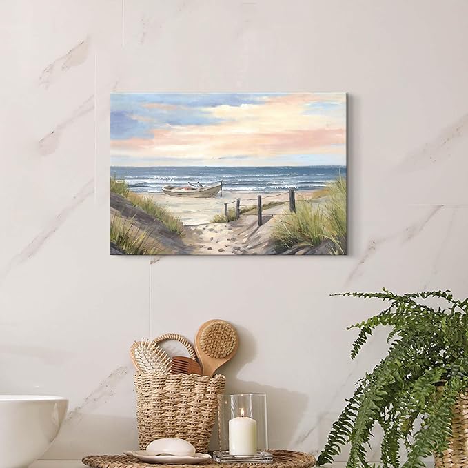 cozy country Ocean Wall Art 16"x11" - Coastal Pictures Beach Canvas Decor - Seashore Artwork Seascape Painting for Bathroom, Bedroom, Sea House-Ruum Studio Home