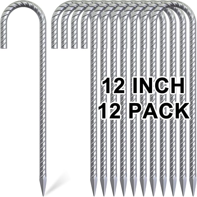 Rebar Stakes 12 Inch, 12 Pack Galvanized Tent Stakes Heavy Duty Ground Stakes, J Hook Metal Fence Stakes for Ground, Outdoor Decoration, Wire Fencing, Gardening-Ruum Studio Home