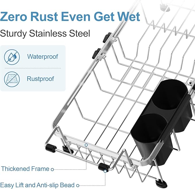 GSlife Expandable in Sink Small Dish Drying Rack - Stainless Steel Capacity Adjustable Over The Sink Dish Rack with Utensil Holder, 11.9“-16.7” L x 9" W x 5.7" H, Silver-Ruum Studio Home