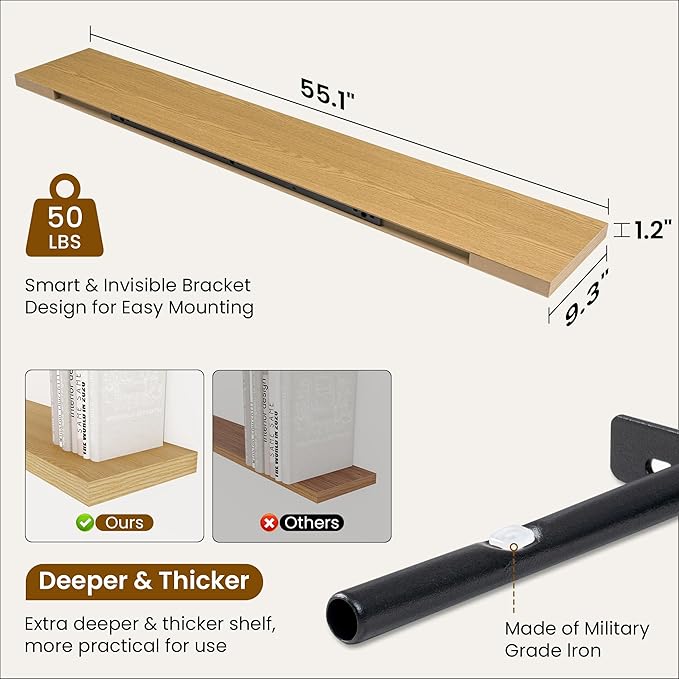 Fun Memories 55 Inch Fireplace Mantel Shelf -Long Floating Shelves, Deep Wall Mounted Farmhouse Display Shelves with Invisible Heavy Duty Metal Bracket, Oak, 2 Pack-Ruum Studio Home