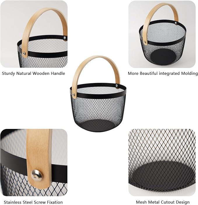 Metal Mesh Steel Basket, Garden Harvest Basket for Gathering Vegetables Round Wire Basket with Handle Storage Organizer Multi-functional Hanging Fruit Basket for Kitchen Bathroom Picnic-Ruum Studio Home