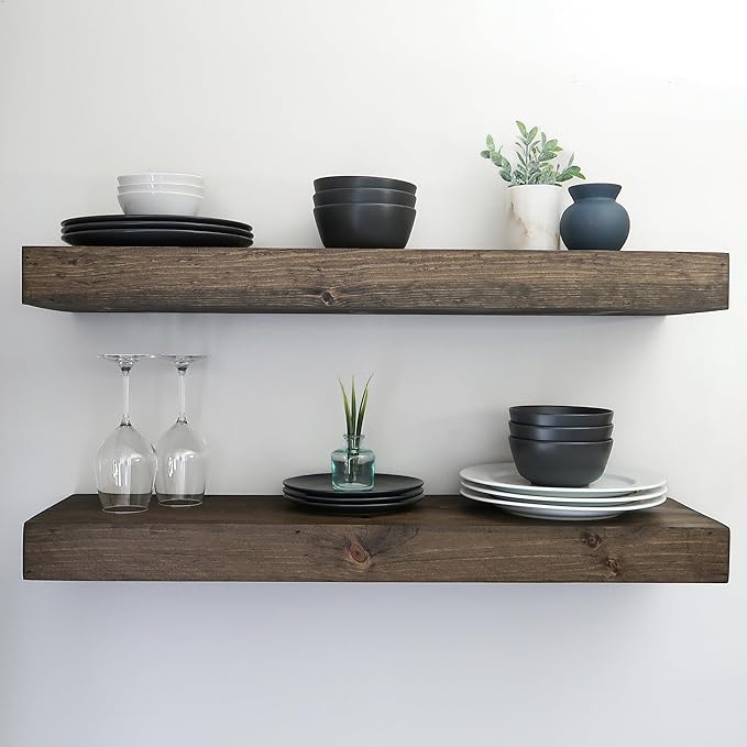 Modern Floating Shelves 3 Inches Thick for Wall, Wide Shelves for Kitchen, Living Room, Bedroom, and Bathroom, Natural Pine Wood, Rustic Wooden Shelf, (Set of 2) (Jacobean, 60Lx3Hx8D)-Ruum Studio Home