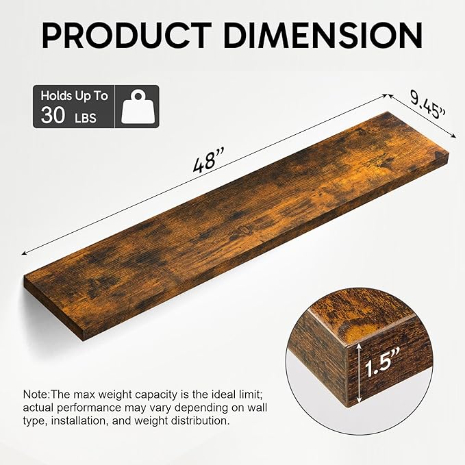 BAYKA Floating Shelves, 48 inches Long Wall Mounted Rustic Wood Shelves for Bathroom, Bedroom, Living Room, Kitchen, Office, Hanging Shelf for Books/Storage/Decor(Rustic Brown,Set of 2)-Ruum Studio Home