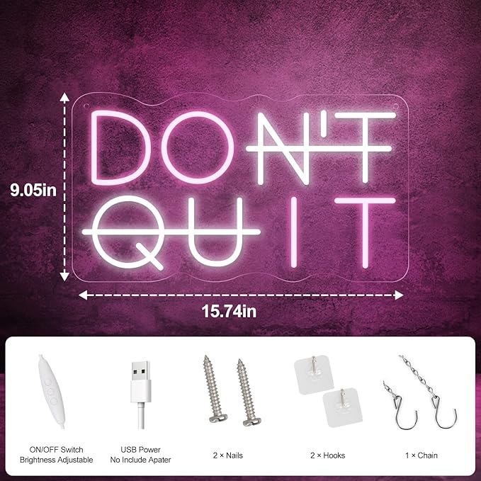 Don't Quit LED Neon Sign for Wall Decor, DO IT Neon Lights Party Decorations, USB Powered Switch Lighting Adjustable for Office, Gym, Man Cave, Gamer Room Decor-Ruum Studio Home