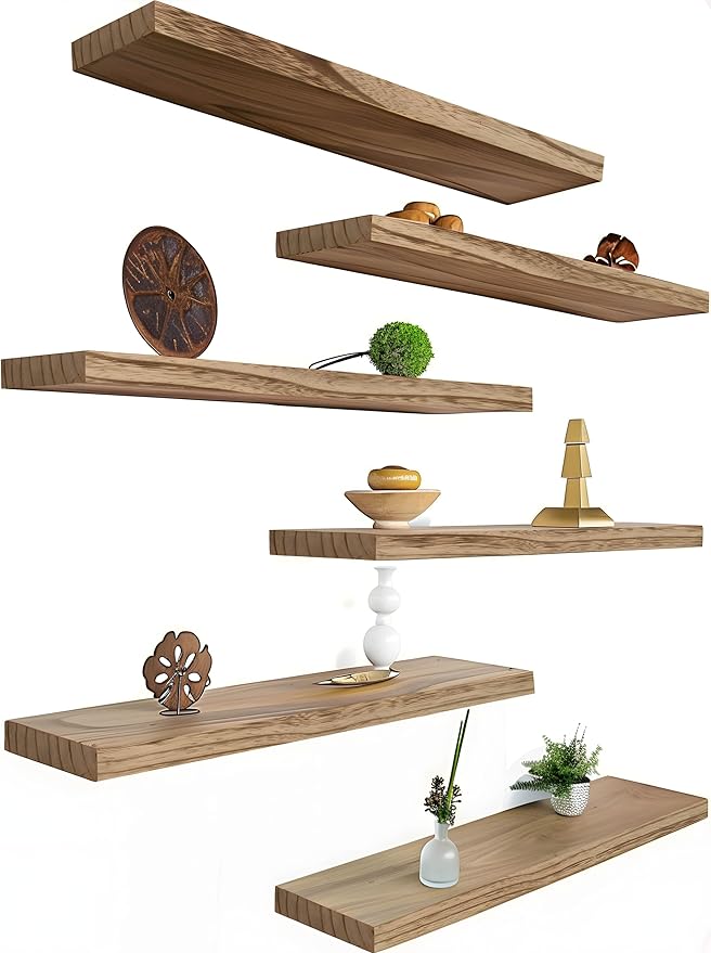 Wood Floating Shelves for Wall Decor, Rustic Wall Shelves for Bedroom Bathroom Kitchen Living Room, Set of 6 Light Walnut-Ruum Studio Home