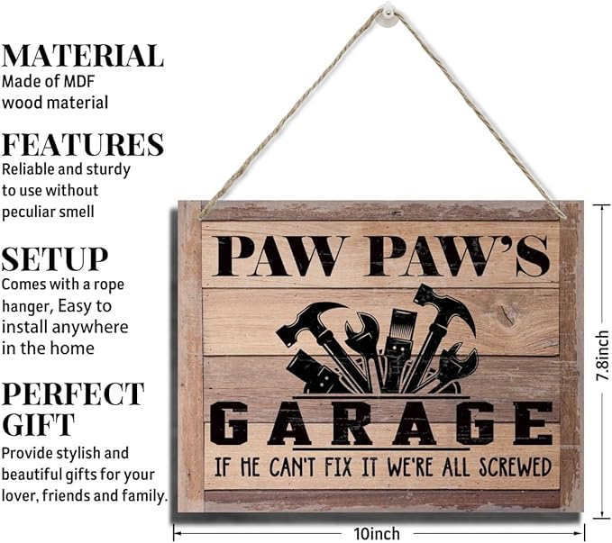 Rustic Sign, Father's Day Gift, Dad's Gift, Grandpa's Gift, Decor Hanging Wood Signs, Printed Wood Wall Art Sign, Paw Paw's Garage, If He Can't Fix It We're All Screwed, Vintage Sign Gift for Grandpa-Ruum Studio Home