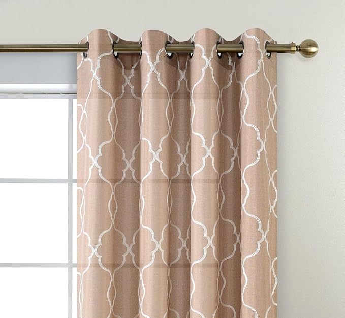 MIUCO Moroccan Embroidered Semi Sheer Curtains Faux Linen Wide Width Grommet Curtains for Bedroom 52 x 63 Inch 2 Panels, Taupe-Ruum Studio Home