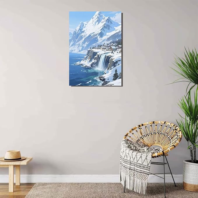 Winter lakeside town and snowy scenery merge together to form a landscape poster wall art suitable for living room bedroom and office-Ruum Studio Home