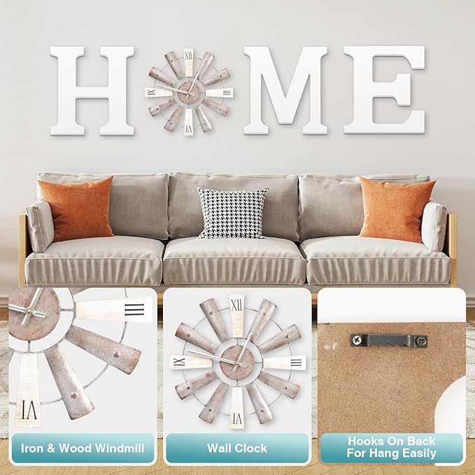 ZAZIWZ Farmhouse Home Signs with Windmill Clock Wall Decor Rustic Home Letters Wall Art for Living Room Kitchen Entryway Dining Room Bedroom (white)-Ruum Studio Home
