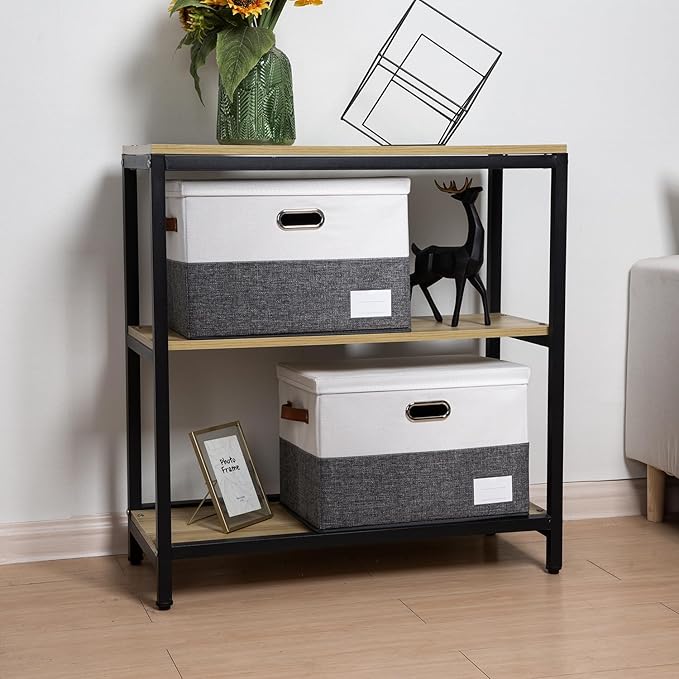 PRANDOM Foldable Storage Bins with Lids [3-Pack] Fabric Collapsible Storage Boxes Baskets Cubes Containers with Handles for Closet Living Room Bedroom (Grey & White 17.7x11.8x11.8'')-Ruum Studio Home