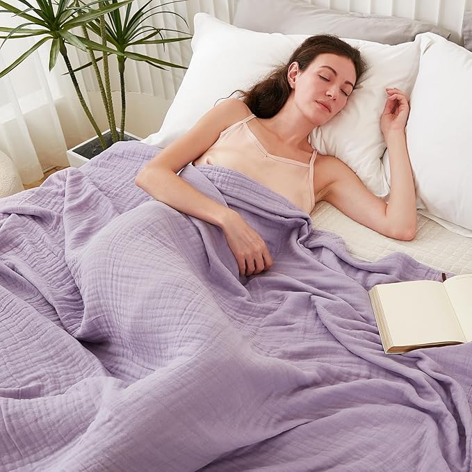 EMME Cotton Blanket Queen Size for Bed Soft Large Muslin Bed Blankets 80"x90" Lightweight Breathable All Season Gauze, Lavender-Ruum Studio Home