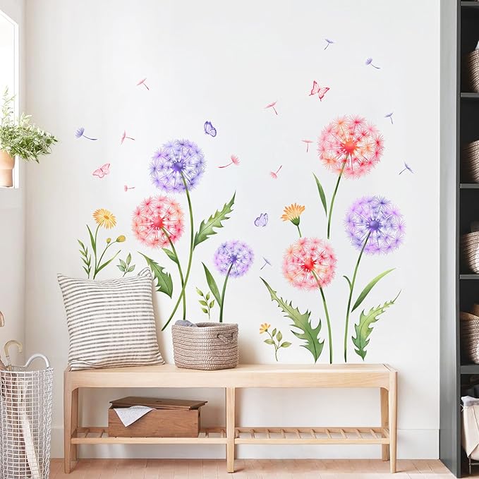 Dandelion Flower Butterfly Wall Decals Pink Purple Dandelion Plants Wall Stickers Peel and Stick Vinyl Wall Art Decor for Living Room Bedroom Office TV Sofa Backdrop Home Decor Gifts for Mom-Ruum Studio Home