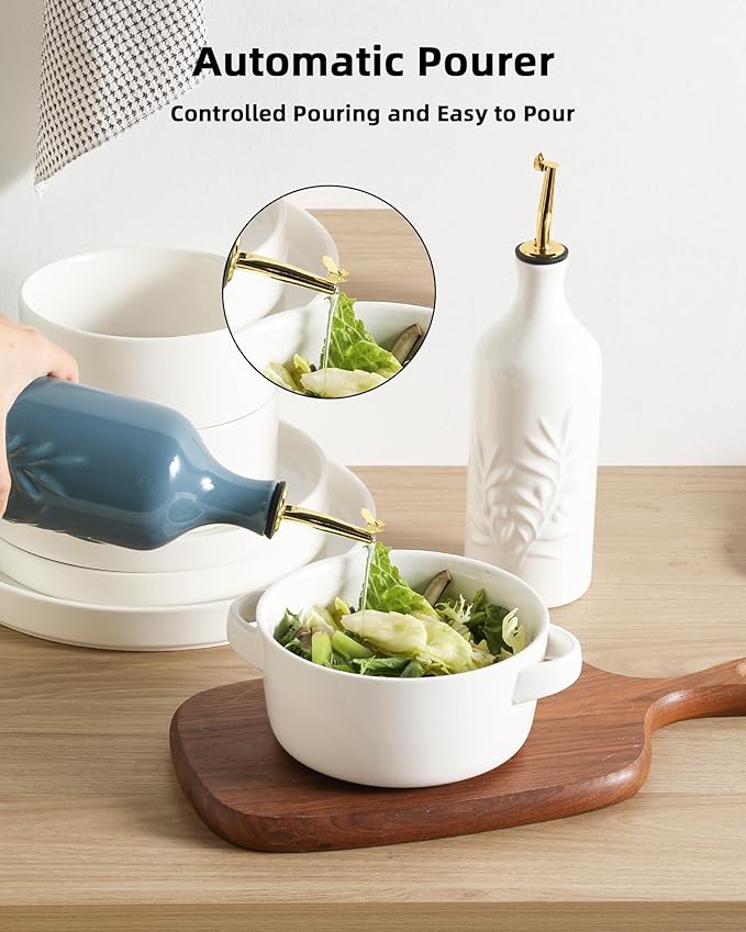 Sweejar Ceramic Olive Oil Dispenser Bottle 20 Oz Relief Opaque Oil Cruet Protects To Reduce Oxidation Suitable for Storage Vinegar, Soy Sauce, Coffee Syrup, Liquids, Set of 1 (Fogblue Gold Spout)-Ruum Studio Home