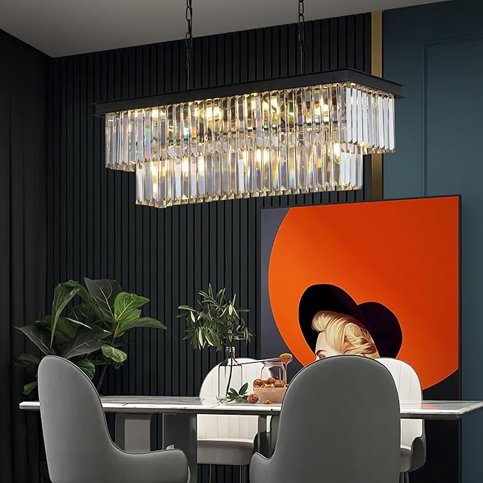 Crystal Chandeliers for Dining Room 11-Light Black Modern Chandelier Rectangle Contemporary Pendant Light Fixture for Kitchen Island Bar L33.5 Inch-Ruum Studio Home