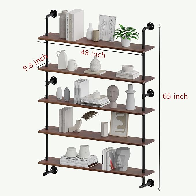 Industrial Pipe Wall Shelves Pipe Shelving with Real Wood Plank ,48 Inches Floating Shelves for Wall Farmhouse Pipe Book Shelves Dark Brown 5 Tier for Kitchen,Living Room Decor and Bar Shelving-Ruum Studio Home
