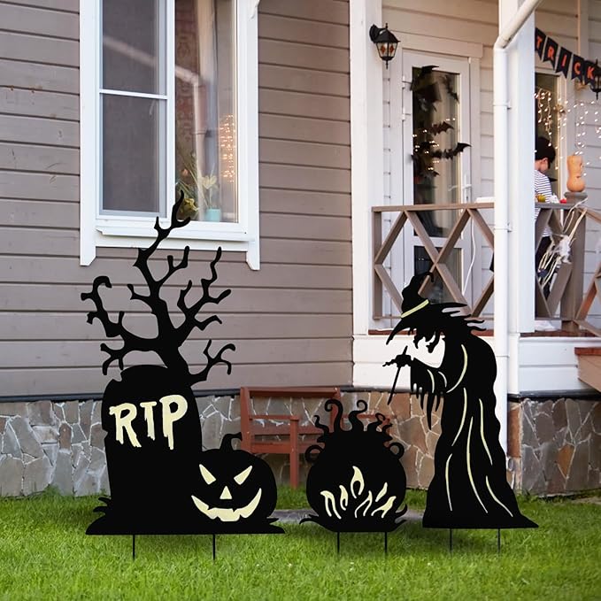 Halloween Yard Signs Outdoor Decorations，3 Pack Warerproof Scary Witch Tombstone Cauldron Fluorescent Metal Stakes Glow in The Dark for Lawn Garden Halloween Decor (Witch Tombstone Cauldron)-Ruum Studio Home
