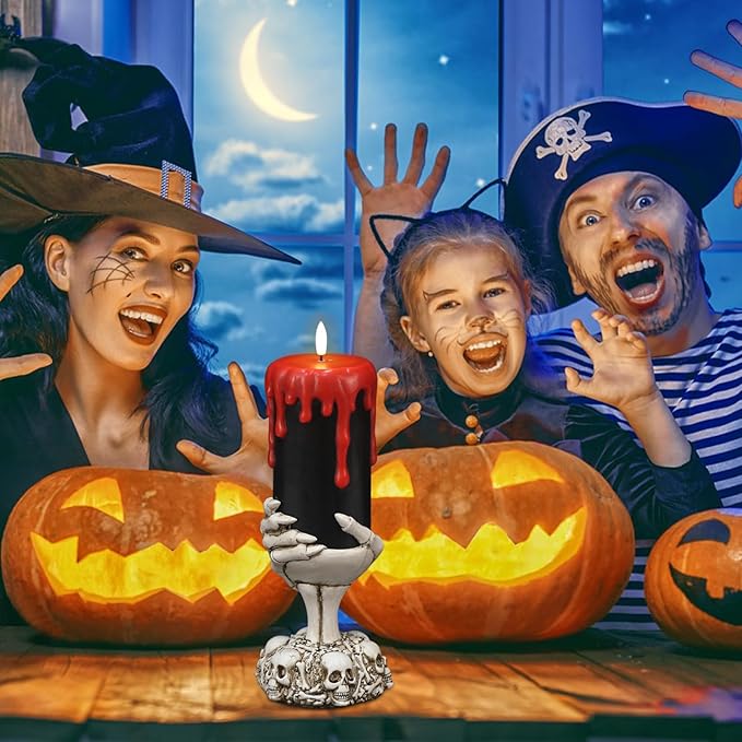 Wondise Halloween Flameless Candles with Ghost Hand, Battery Operated LED Black Candles with 6hrs Timer, Real Wax Pillar Candles with Flickering 3D Wick for Halloween Home Theme Party Decor-Ruum Studio Home