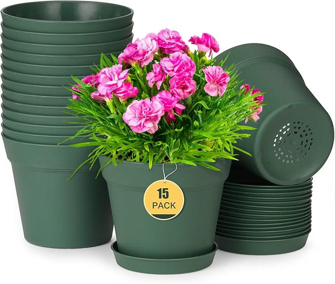 homenote Plant Pots,15 Pack 6 inch Flower Pots with Multiple Drainage Holes and Saucers,Plastic Planters for All Home Garden Flowers Succulents(Green)-Ruum Studio Home