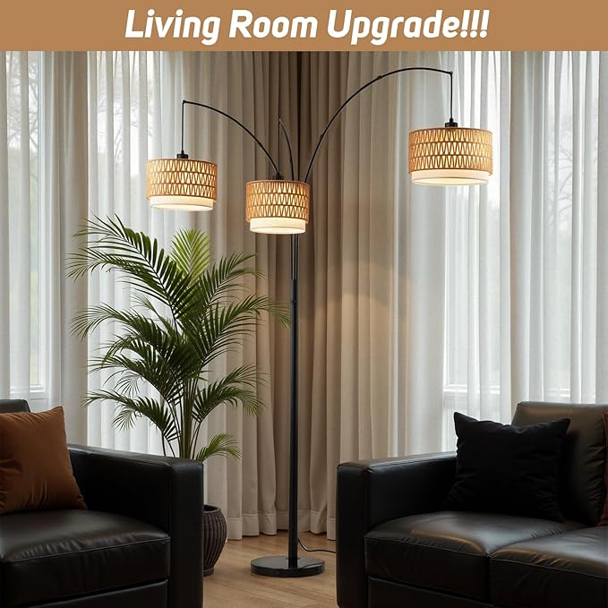 Rattan Floor Lamp for Living Room, 80 Inch Tall Boho Floor Lamp with Rotary Switch, 3 Lights Arc Lamp with Wicker Shade for Coastal,Bohemian,Tree Farmhouse Standing Lamp-Ruum Studio Home