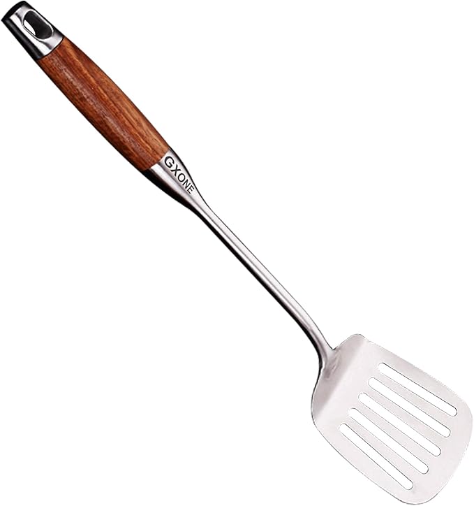 Metal Spatula,304 Stainless Steel Wok Spatula with Heat Resistant Wooden Handle,Silver/15.7Inch-Ruum Studio Home