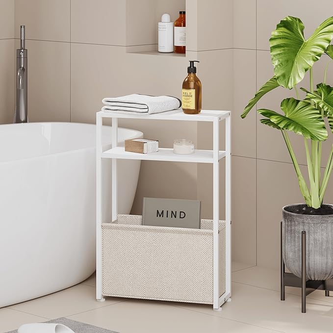 Narrow Side Table, Slim End Tables with Fabric Basket, Skinny Table for Small Spaces, Thin Bedside Table for Living Room, Bedroom (1, White + Camel Brown)-Ruum Studio Home