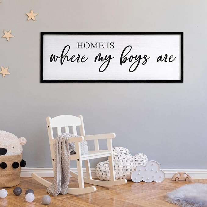 Home is Where My Boys are Sign Framed Wall Art, 32''×12'' Rustic Horizontal My Son Plaque with Black Frame for Baby Kid Boy Son Teen Toddlers Room, Horizontal Mom of Boys Gifts Nursery Decor-Ruum Studio Home