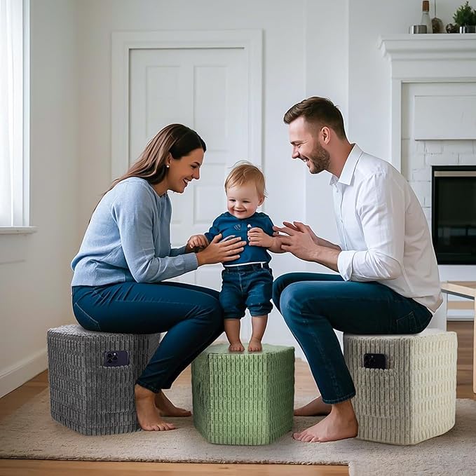 Hexagon Pouf Ottoman Stuffed with 2 Pockets & Handle, Comfort Corduroy Poufs, Non-Slip Foot Stool Storage Ottoman, Foam Floor Poufs Foot Rest for Couch, Bedroom (Beige)-Ruum Studio Home