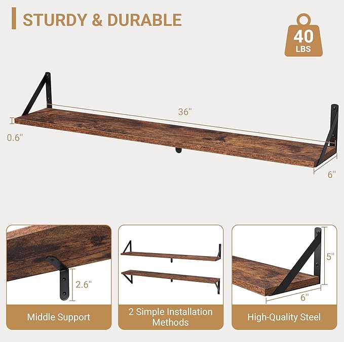 Heimlove Floating Shelves for Wall, 36 Inch Long Wood Floating Bookshelf Set of 3, Wall Mounted Hanging Shelf for Bathroom Bedroom Kitchen, Rustic Brown-Ruum Studio Home