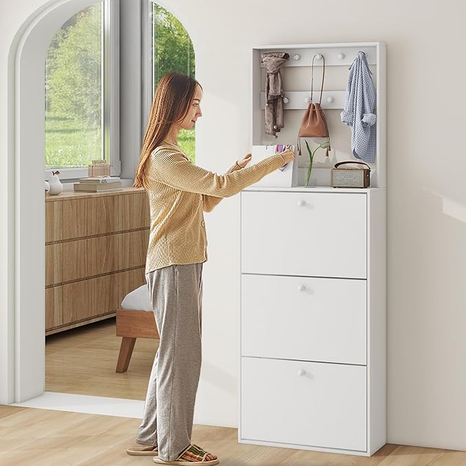 Shoe Storage Cabinet with 3 Flip Drawers, Narrow Shoe Cabinet with 9 Hooks Coat Rack, Freestanding Slim Shoe Storage Organizer for Entryway, Hallway, Entrance, Bedroom, Living Room, White-Ruum Studio Home