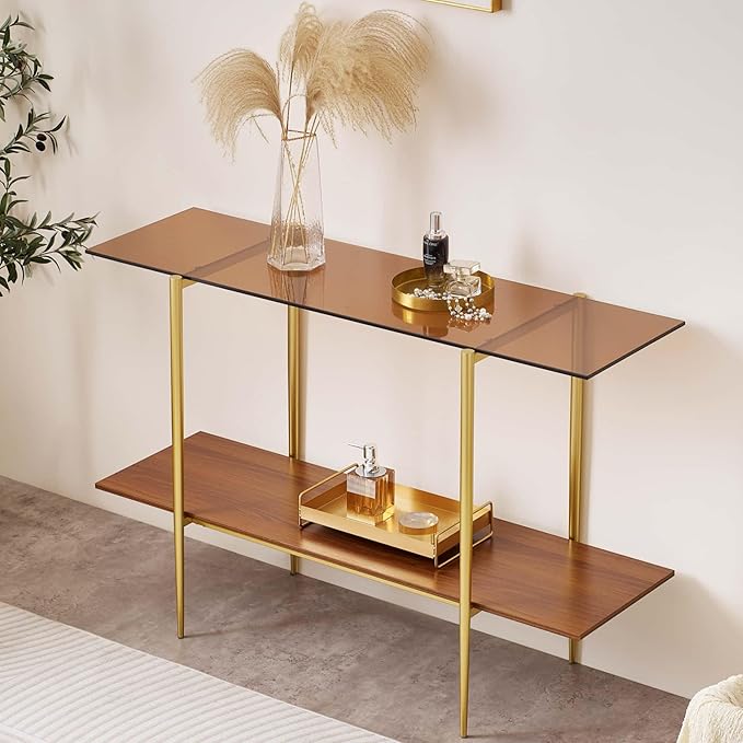 Extra Large Glass Console Table for Living Room, Foyer & Entrance, L47 x W16 x H31, Mid-Century Modern Sofa Table with Amber Glass Top, Walnut Finish Wood Top and Gold Finish Metal Frame-Ruum Studio Home
