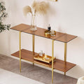 Extra Large Glass Console Table for Living Room, Foyer & Entrance, L47 x W16 x H31, Mid-Century Modern Sofa Table with Amber Glass Top, Walnut Finish Wood Top and Gold Finish Metal Frame-Ruum Studio Home