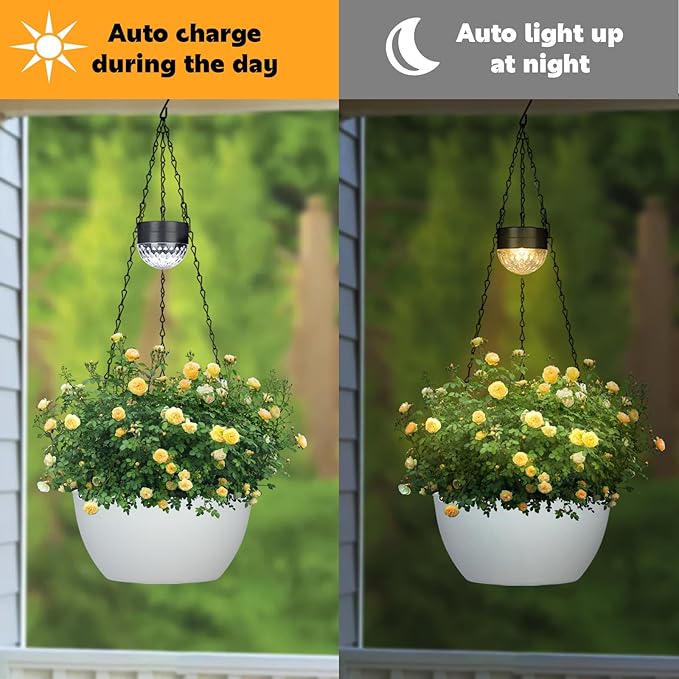 2 Packs Hanging Planters Basket for Outdoor Plants, Solar Powered Self Watering White Round Plastic Flower Pots with Drainer for Balcony Patio Garden Outdoor Decoration-Ruum Studio Home