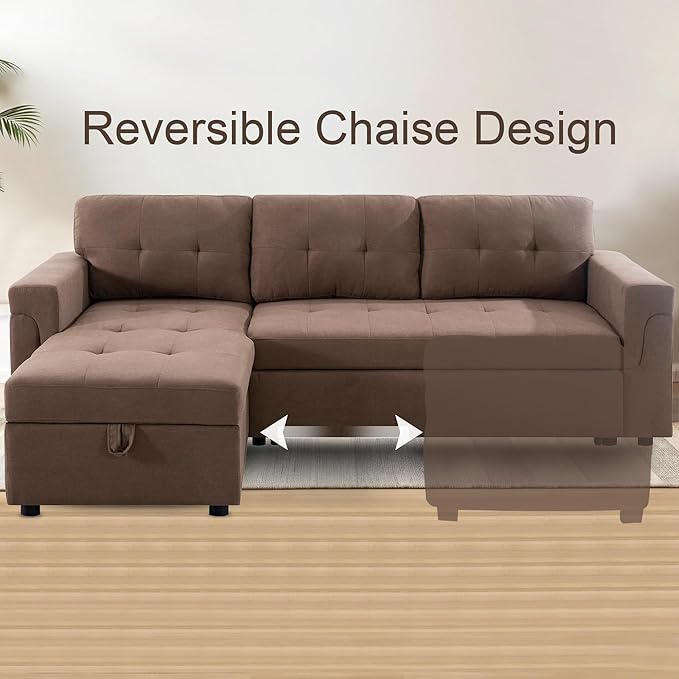 Naomi Home Transform Any Space: Sleeper Sectional Sofa with Convertible Sofa Bed & Inviting Chaise. Find Tranquil Comfort with Stress-Relieving Design & Durable Cushions - Mocha/Velvet-Ruum Studio Home
