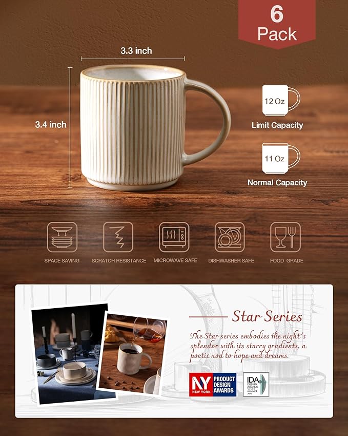 famiware Coffee Mug Set for 6, Star 12 oz Catering Mugs Cup Set with Handle for Coffee, Tea, Cocoa, Milk - Ceramic Stoneware Drinkware Set, Cappuccino White-Ruum Studio Home