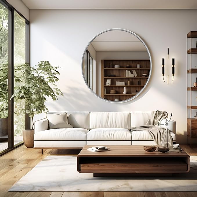 30 Inch Round Bathroom Mirror - Wall Mounted Circle Mirror with Metal Frame, Modern Mirror Suitable for Bathroom, Vanity, Entryway, Living Room, Wall Decor,Silver-Ruum Studio Home