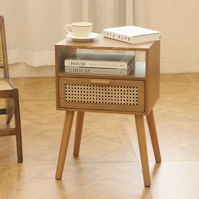 MaxSmeo Mid Century Modern Nightstand with Drawer, Small Nightstand Bedside Table, Rattan Nightstand, Wood End Table for Bedroom, Living Room (Brown)-Ruum Studio Home