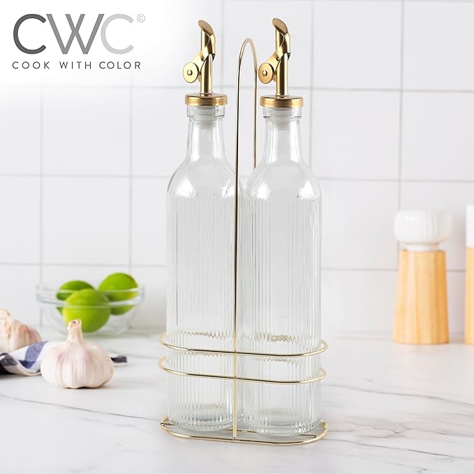 COOK WITH COLOR Glass Olive Oil Dispenser Bottle - 2 Pack, 17 oz Cruet - Elegant Carafe Decanter with Spout for Kitchen, Suitable for Vinegar, Coffee Syrups & Other Liquids-Ruum Studio Home