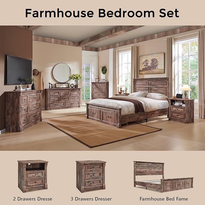 26" Tall Farmhouse Nightstand, 2 Drawers End Table w/Charging Station, 23.6" Wide Large Side Table w/Roman Column, Wood Rustic Sofa Table w/Open Shelf, Bedside Table for Bedroom, Light Brown-Ruum Studio Home