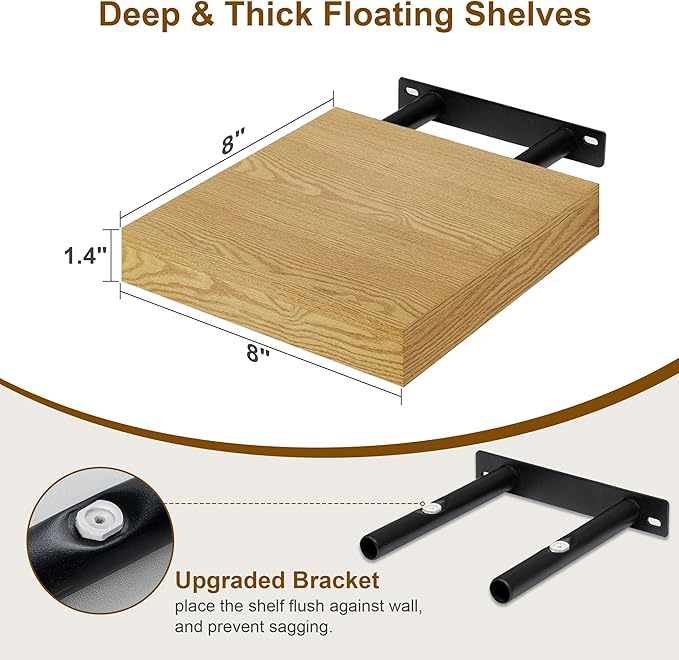 Fun Memories Floating Shelves, 8 Inch Deep Floating Shelves for Wall, 8 x 8 Wall Shelves, Rustic Wood Floating Shelf for Living Room, Bedroom, Bathroom, Oak Color, Set of 2-Ruum Studio Home