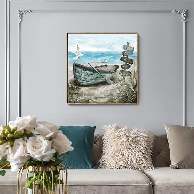 Framed Wall Art Bedroom Nautical Decor Boat Canvas Picture Rustic Coastal Sand Canvas Print Ocean Beach Painting Seascape Sea Bird Vintage Ship Artwork for Seaside Home Living Room Office Bathroom-Ruum Studio Home