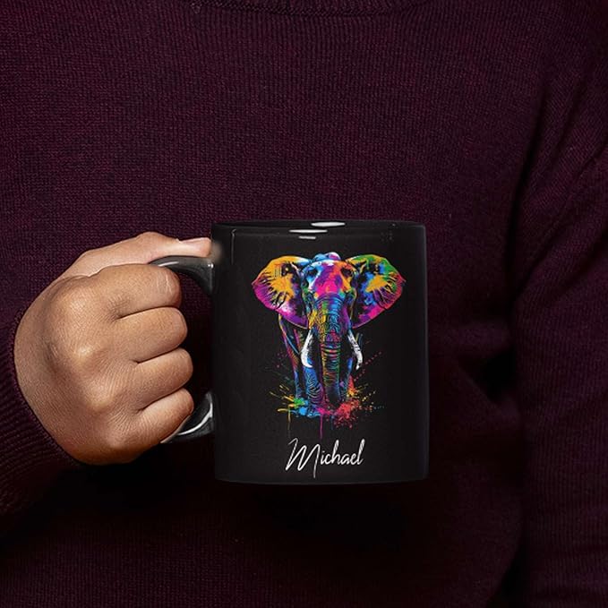 Elephant Coffee Mug 11oz 15oz, Personalized Name Animal Black Cup, Gift For Elephant Lovers, Custom Colorful Animal Design Mug, Gifts For Son Daughter On Birthday-Ruum Studio Home