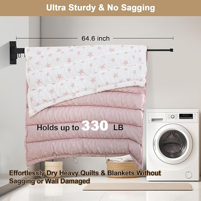 Bakala Clothes Drying Rack Foldable, Laundry Drying Rack Clothing Wall Mounted, Clothing Racks for Hanging Clothes, Heavy-duty Space Saving Hanger,Retractable,Expandable,Collapsible, 64" (Hooks,Black)-Ruum Studio Home