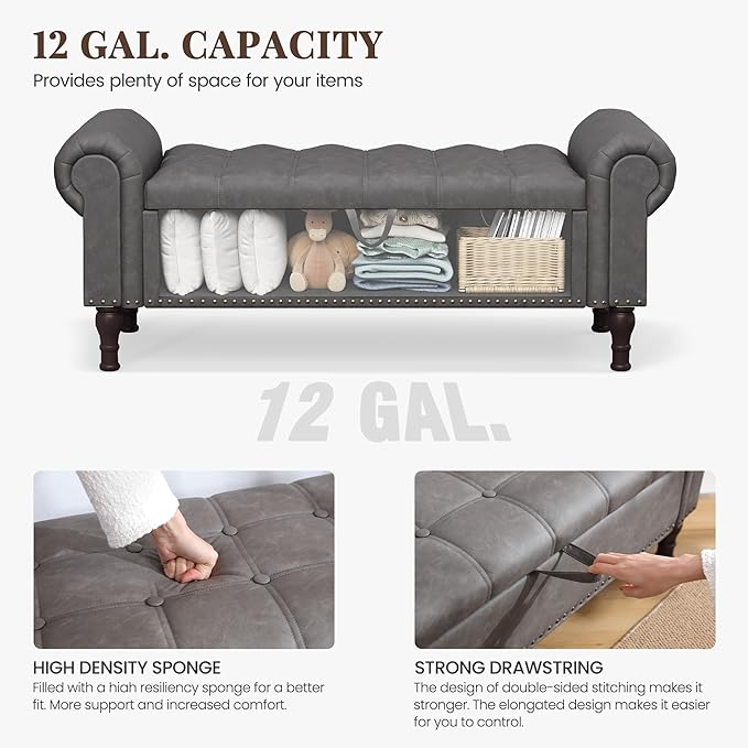 Storage Bench for Bedroom, 51" Full Queen Storage Bench, Upholstered Bedroom Bench with Rolled Arms and Vintage Rivets for Living Room, Storage Room, Entryway, Gray-Ruum Studio Home