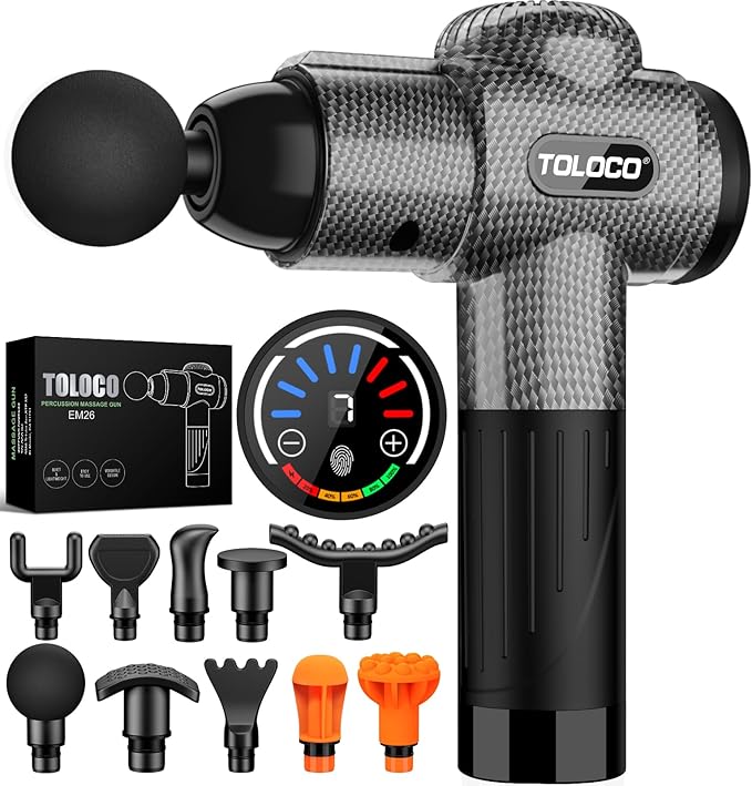 TOLOCO Massage Gun, Deep Tissue Back Massage for Athletes for Pain Relief, Percussion Massager with 10 Massages Heads & Silent Brushless Motor, Carbon-Ruum Studio Home
