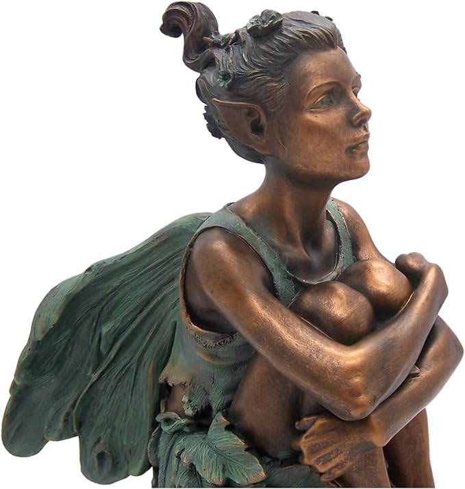 Copper Toned Fairy Holding Knees with Blue Accents Garden Statue, Whimsical Outdoor Decor, 13 Inches-Ruum Studio Home