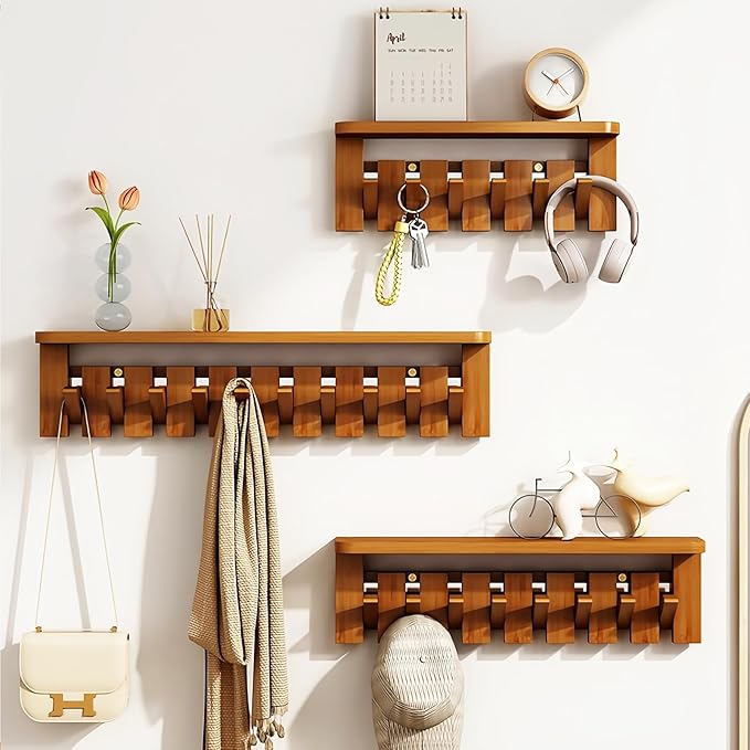 Wall Mounted Piano Key Hanger | Flip Style Hook | Entrance Wall Art Hook, Made of Oak Wood (3 Times Painted, 4 Times Polished) (Tray Walnut, 10Hooks)-Ruum Studio Home