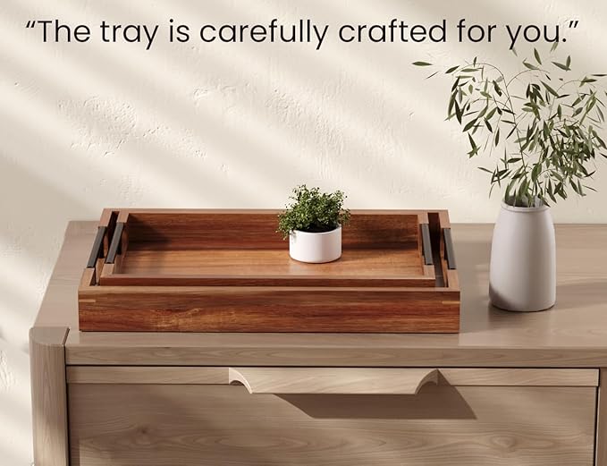 Acacia Wood Set of 2 Serving Tray with Metal Handles,Ottoman Decorative Trays Platter for Coffee Table,Living Room,Bar,Party-Ruum Studio Home