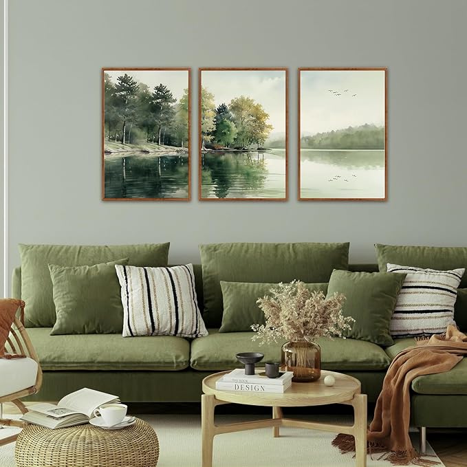 KAIRNE Framed Nature Canvas Wall Art Set,Misty Forest Wall Decor,Green Mountain Forest Pictures,Lake Water Painting set of 3(16”x24”),Landscape Scene Print for Living Room, Bedroom,Gallery Decor-Ruum Studio Home